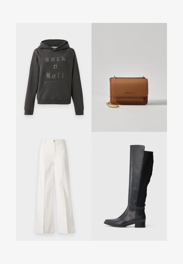 Temno siva kapuca iz mehkega materiala, s sprednjim kenguru žepom in okrašena z napisom "Rock n Roll" v strukturirani srebrni barvi.; Bele široke hlače iz bombaža z gladko teksturo. Imajo gumb spredaj, zadrgo in zasnovo z štirimi žepi.; Visoke črne usnjene in tkaninske škornje z nizkim blokastim peto in zaobljenim nosom, prikazane v bočnem profilu na belem ozadju.; Rjava teksturirana usnjena torba čez ramo z zlatim verižnim trakom in zapiranjem na pokrov. Spredaj je vidna podrobnost logotipa in žep pod pokrovom.
