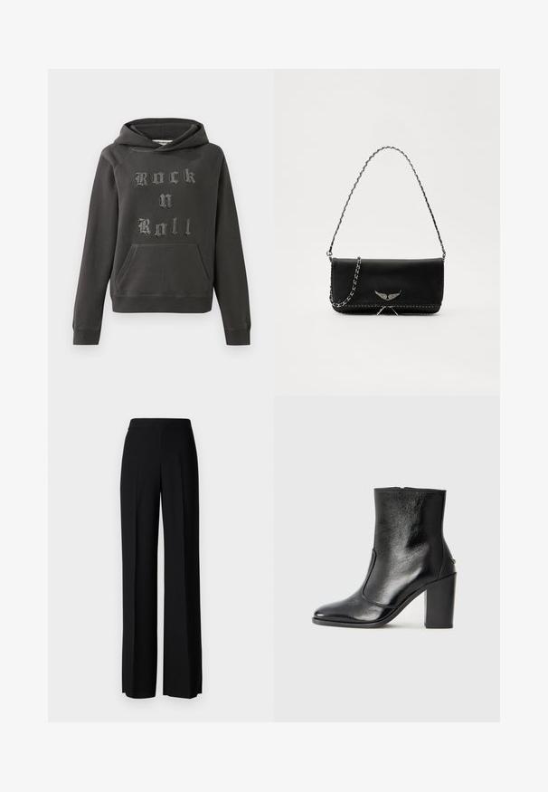 Temno siva kapuca iz mehkega materiala, s sprednjim kenguru žepom in okrašena z napisom "Rock n Roll" v strukturirani srebrni barvi.; Črne široke hlače z gladko teksturo, z visokim pasom in središnjimi pregibi. Brez vidnih vzorcev ali kovinskih detajlov.; Črne usnjene gležnarske čevlje z gladko teksturo, koničastim nosom in debelim visokim petam. Imajo stransko odprtino in minimalističen dizajn.; Črna usnjena torbica s srebrnim verižnim ročajem, ki ima okrasne krilate poudarke in belo šivanje ob spodnjem šivu.