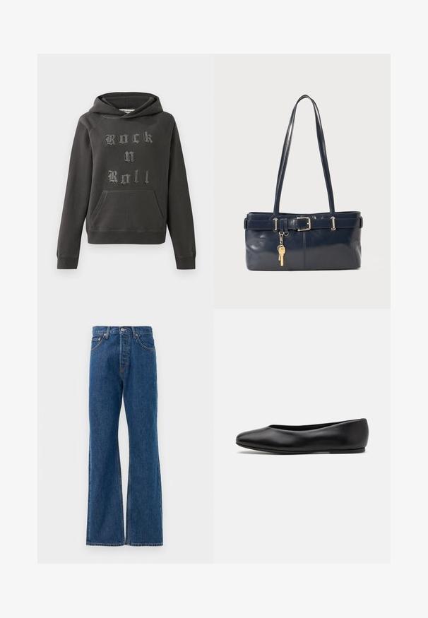 Hoodie gris foncé en matériau doux, avec une poche kangourou à l'avant et orné de "Rock n Roll" en lettres argentées texturées.; Jean flare en denim bleu avec taille haute, comportant cinq poches, une fermeture à bouton en métal argenté et des accents de couture visibles.; Paul Smith TOPANGA - Ballerines - black; Sac à main en cuir bleu marine avec deux longues poignées, un détail de boucle et un porte-clés accroché. Il présente une texture lisse et une forme rectangulaire.