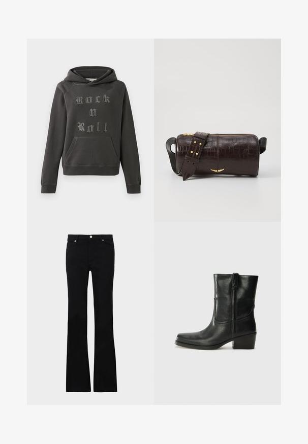 Dark gray hoodie made of soft material, featuring a front kangaroo pocket and embellished with "Rock n Roll" in textured silver lettering.; Black flared jeans made of denim, featuring two front pockets, a button closure, and a smooth texture. Signature stitching visible at seams.; Black leather ankle boot with a rounded toe, block heel, side zipper, and stitching accents on the vamp. Smooth texture, classic design.; Brown crocodile-embossed leather bag with a cylindrical shape, gold-tone hardware, and a detachable strap featuring studs.