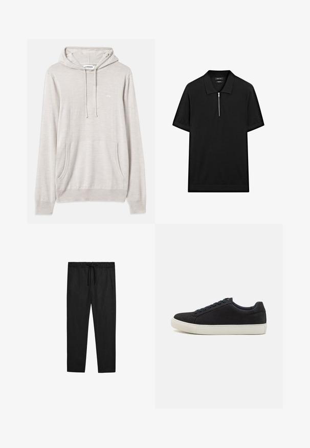 Felpa con cappuccio grigio chiaro, dotata di cordino, tasca frontale a marsupio e polsini a costine. Realizzata in un tessuto morbido, presenta un leggero branding sul petto.; Polo shirt nero a maniche corte con colletto rialzato e zip frontale. Realizzato in un tessuto liscio con un design pulito e minimalista.; Massimo Dutti JOGGER FIT - Pantaloni - black; Sneaker in suede nero con punta arrotondata, suola in gomma bianca, lacci blu a contrasto e una texture liscia. Design minimalista senza logo visibile.