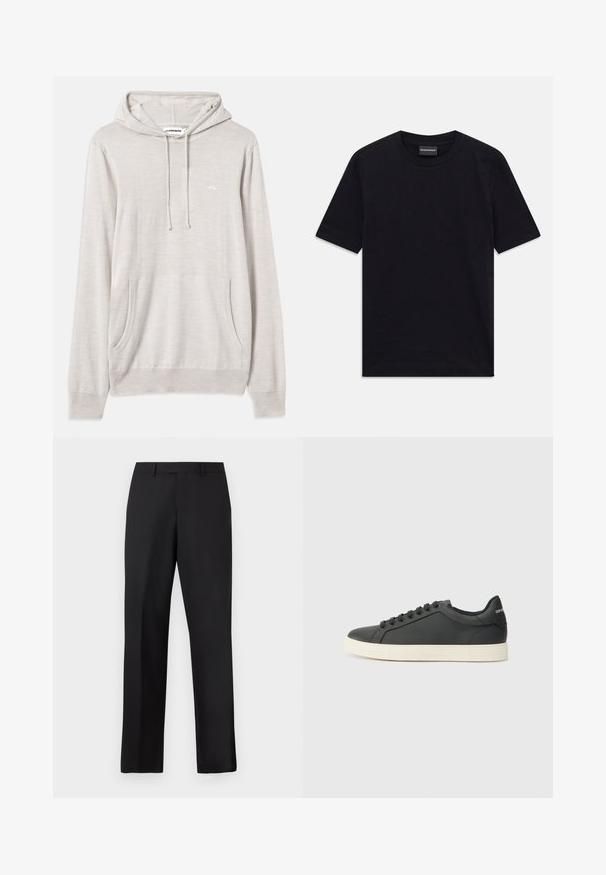 Svetlo šedá mikina s kapucňou na šnúrku, predná vrecková kapsa a ribované manžety. Vyrobená z jemnej tkaniny, s diskrétnym brandingom na hrudi.; Čierne tričko s krátkym rukávom a okrúhlym výstrihom so subtílnym embosovaným vzorom a značkovou nášivkou vo vnútri goliera, položené na bielom pozadí.; Čierne nohavice s rovnými nohavicami vyrobené z hladkej látky. Majú štandardný pás a žiadne viditeľné vzory alebo ozdoby.; Čierne kožené tenisky s nízkym profilom, zaoblenou špičkou a šnurovaním; obsahujú textúrovanú gumovú podrážku a logo na päte.