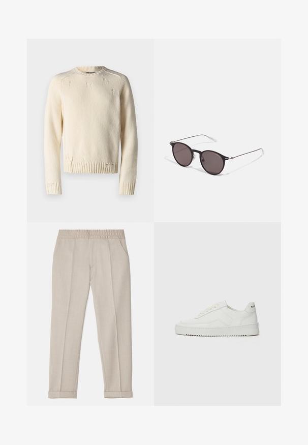 Krém színű kötött pulóver bordás mandzsettával és aljjal. Megjelenését kopott részletek és klasszikus kerek nyakú szabás jellemzi. Texturált felület.; Filippa K TERRY CROPPED TROUSERS - Nadrágok - sage melange; Fehér bőr sportcipő sima felülettel, kerek orral, lapos fűzőkkel és texturált talppal. Finom logó található a sarokon.; Fekete kerek napszemüveg sötét lencsékkel és karcsú fém szárakkal. Átlátszó szárvégeket és ezüst részleteket tartalmaz az ívnél. Minimalista dizájn.