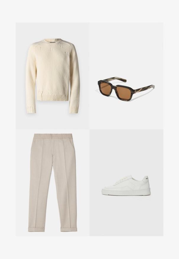 Kermanvärinen neulepaita, jossa on röpelöiset hihansuut ja helma. Sisältää kuluneita yksityiskohtia ja klassisen pyöreän kaula-aukon. Teksturoitu pinta.; Filippa K TERRY CROPPED TROUSERS - Housut - sage melange; Valkoinen nahkakenkä, jossa on sileä pinta, pyöreä kärki, tasaiset nauhat ja teksturoitu pohja. Sisältää huomaamattoman logon kantapäässä.; Muoviset aurinkolasit, joissa on kilpikonnakuosiset kehykset, oktaalimuotoiset ruskeat linssit ja ohuet kultaiset yksityiskohdat kehystyksessä.