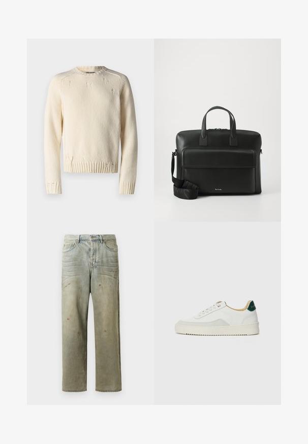 Kremo spalvos megztinis su raštuotomis rankogaliais ir apatine dalimi. Savybės: nusidėvėjęs efektas ir klasikinė apvali iškirptė. Faktūruota paviršius.; Šviesiai žaliai nuvarytos džinsinės kelnes, su tiesiomis kojomis, penkių kišenių dizainu, nelygiai blukščiantis ir su dažų lašeliais.; Baltos sportbačiai su zomšos akcentais, apvaliu nosiu, plokščiais raišteliais ir kreminės spalvos guminiu padu. Ant kulno yra žalia ženklinimo detalė.; Juodas odinis darbų krepšys su dviem viršutiniais rankenomis, priekinėmis kišenėmis ir nuimama juosta, su subtiliu prekės ženklu apačioje.