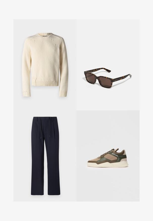 Crèmekleurige gebreide trui met geribde manchetten en zoom. Kenmerkend zijn de versleten details en de klassieke ronde halslijn. Structuur op het oppervlak.; Marineblauwe broek met een rechte pijpdesign, gemaakt van textuurstof. Voorzien van een knoopsluiting aan de voorkant en een verstelbare koord in de taille.; Beige en groene lage sneaker met geperforeerde zijkanten, witte zool, vetersluiting aan de voorkant en "FILLING PIECES" branding op het zijpaneel.; Gucci zonnebril met vierkante, schildpadachtige kunststof monturen en bruine lenzen. Voorzien van subtiele branding op de pijlen.
