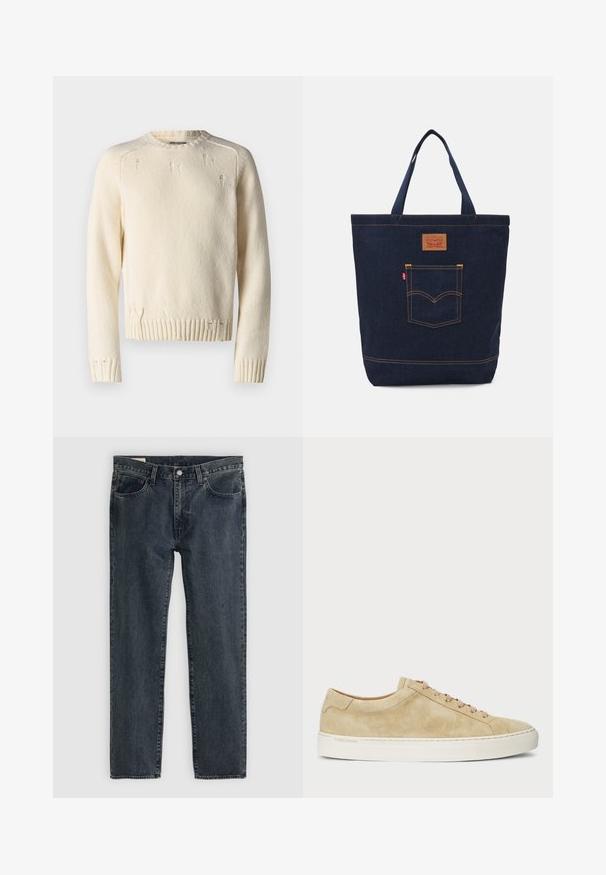 Crèmekleurige gebreide trui met geribde manchetten en zoom. Kenmerkend zijn de versleten details en de klassieke ronde halslijn. Structuur op het oppervlak.; Donkerblauwe denim jeans met een recht model, vijf zakken en een knoopsluiting. De stof toont een subtiele vervaging en textuur.; Beige suède sneakers met een lage profiel, ronde neus en beige veters. Voorzien van een witte rubberen zool en subtiele branding aan de zijkant.; Denim draagtas in donkerblauw met twee handvatten, zichtbare stiksels en een voorvak met een klassiek logo patch.