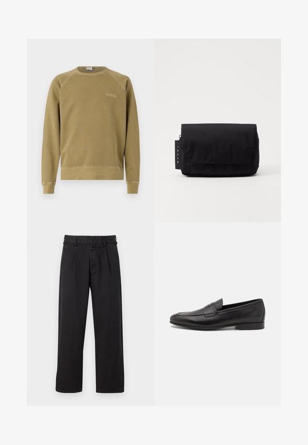 Olivově zelená mikina s raglánovými rukávy, kulatým výstřihem a vyšitým logem "CLOSED". Vyrobena z měkké bavlněné látky, má ribovanou spodní část.; Černé bavlněné kalhoty rovného střihu, s plisovaným předním dílem, poutky na opasek a zapínáním na knoflík. Hladká textura bez vzorů.; Černé kožené pánské mokasíny s nízkým podpatkem a klasickým designem se sponou, zobrazené v bočním profilu na bílém pozadí.; Černá messenger taška vyrobená z texturované tkaniny. Má klapku na uzavření se dvěma kulatými knoflíky, zipovou přihrádku a štítek s názvem značky.