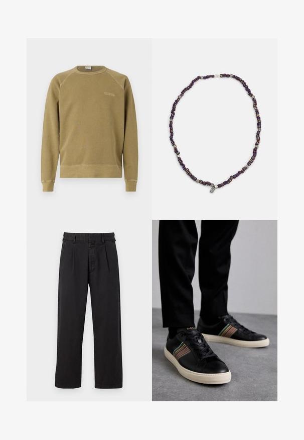 Sudadera verde oliva con mangas raglán, cuello redondo y logotipo "CLOSED" bordado. Fabricada en suave tela de algodón, presenta un dobladillo acanalado.; Pantalones de algodón negros de corte recto, con un frente plisado, presillas para el cinturón y cierre de botón. Textura suave sin patrones.; Zapatillas de cuero negro con acentos de rayas multicolores, punta redonda y suelas de goma blanca, con diseño de cordones y marca en relieve.; Collar de cuentas multicolores con cuentas azul oscuro, rojas y amarillas, intercaladas con acentos plateados y un charm colgante.