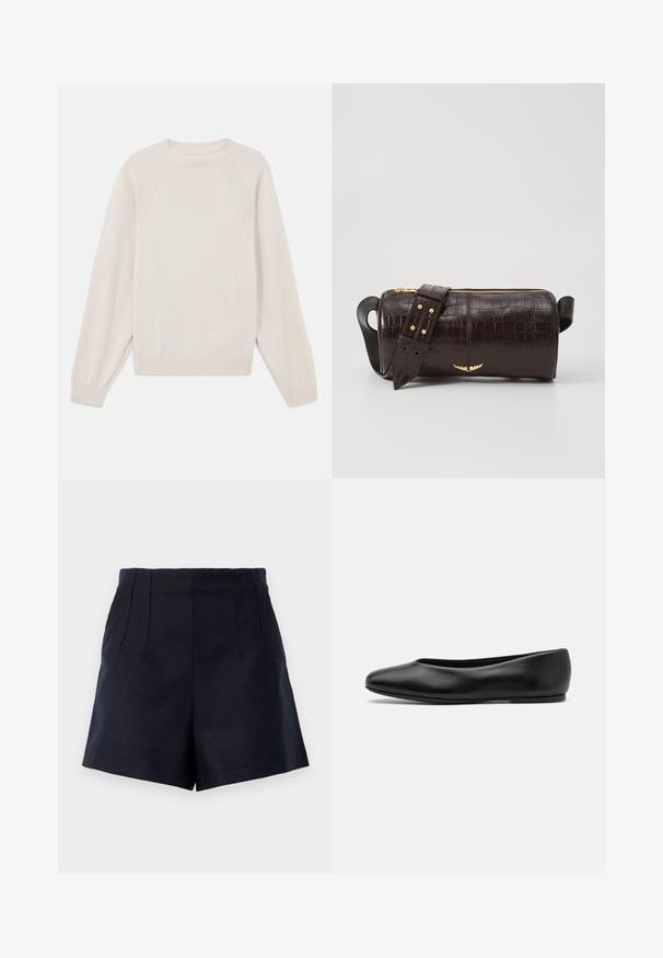 Hellbeige Pullover aus weichem Strickstoff. Mit Rundhalsausschnitt, langen Ärmeln und gerippten Bündchen sowie Saum im Raglan-Schnitt.; Marineblaue Shorts mit maßgeschneidertem Design, zwei vorderen Falten, glatter Textur und geradem Schnitt in Oberschenkel-Länge.; Paul Smith TOPANGA - Klassischer Ballerina - black; Braune, krokodilgeprägte Lederhandtasche mit zylindrischer Form, goldfarbener Hardware und einem abnehmbaren Tragegurt mit Nieten.