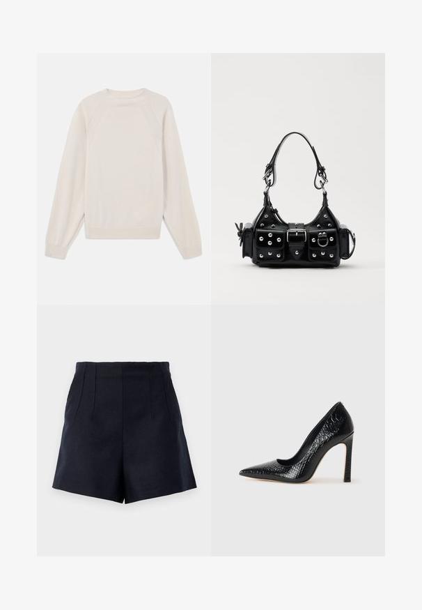 Hellbeige Pullover aus weichem Strickstoff. Mit Rundhalsausschnitt, langen Ärmeln und gerippten Bündchen sowie Saum im Raglan-Schnitt.; Marineblaue Shorts mit maßgeschneidertem Design, zwei vorderen Falten, glatter Textur und geradem Schnitt in Oberschenkel-Länge.; Schwarzer, spitz zulaufender High Heel mit Krokodilleder-Struktur, elegantem Design, hohem Stiletto-Absatz und glattem schwarzen Innenraum.; Schwarze Lederhandtasche mit einem geschwungenen Design, verziert mit silbernen Nieten, einer Schnalle und zwei seitlichen Taschen. Verstellbarer Träger für verschiedene Tragemöglichkeiten.