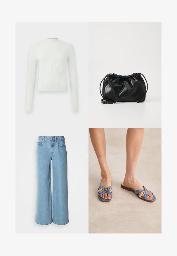 Lys grønn ribbet langermet topp med høy hals og en liten brodert logo på brystet. Casual passform og teksturert stoff.; Lys blå vid benjeans laget av denim, med høyt liv, fem-lommer design og subtil falming langs stoffet.; Blå denim flip-flops med kryssremmer, beige detaljer og gullbeslag foran. Flat såle, åpen tå-design.; Svart lærveske med samlet design, dobbel snoråpning og avtagbar skulderrem. Har metallisk logodetalj.