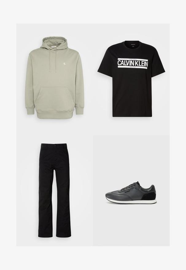 Hoodie verde claro feito de tecido macio, com um bolso frontal, cordões ajustáveis e um pequeno logo bordado no peito.; T-shirt preta de manga curta com o logo branco "CALVIN KLEIN NEW YORK" centrado no peito, decote redondo e etiqueta de tamanho médio dentro do colarinho.; Calças de algodão pretas com um design de perna reta, apresentando fecho de botão e passantes para cinto. Textura suave e estilo minimalista sem padrões visíveis.; Sapatilhas atléticas negras com parte superior em couro com detalhes perfurados, acabamentos em camurça e sola de borracha branca. Design clássico com atacadores.
