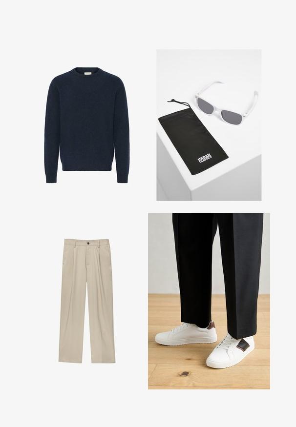 Námořnický modrý pletený svetr s kulatým výstřihem, dlouhými rukávy a žebrovanými manžetami; vyrobeno z měkkého, texturovaného materiálu. Bez viditelných vzorů nebo doplňků.; Béžové kalhoty klasického střihu, se jedním černým knoflíkem, poutky na opasek a bočními kapsami. Hladká textilie a minimalistický design.; Bílé tenisky s hladkým povrchem, s hnědými koženými akcenty a černými detaily, kombinované s černými kalhotami na míru. Pozadí tvoří dřevěná podlaha.; Bílé plastové sluneční brýle se šedými skly vedle černého textilního pouzdra s tučným bílým logem "URBAN CLASSICS".