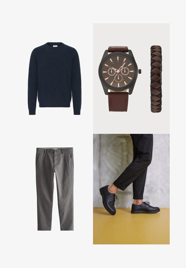 Pulover tricotat bleu marin cu guler rotund, mâneci lungi și manșete cu rimel; realizat dintr-un material moale, texturat. Fără modele sau accente vizibile.; Pantaloni gri din amestec de bumbac, cu închidere cu nasture, bucle pentru curea, buzunare frontale, croială adaptată și textura netedă.; Pantofi din piele neagră, cu șireturi, cu vârf rotund, suprafață texturată și talpă groasă din cauciuc. Purtați cu pantaloni negri răsuciți, pe un fundal de beton.; Pier One SET - Ceas de mână - black/brown; Colier din perle albe, cu o formă uniformă și rotundă, suprafață netedă și clapetă metalică cu un lanț de extensie pentru lungime ajustabilă.