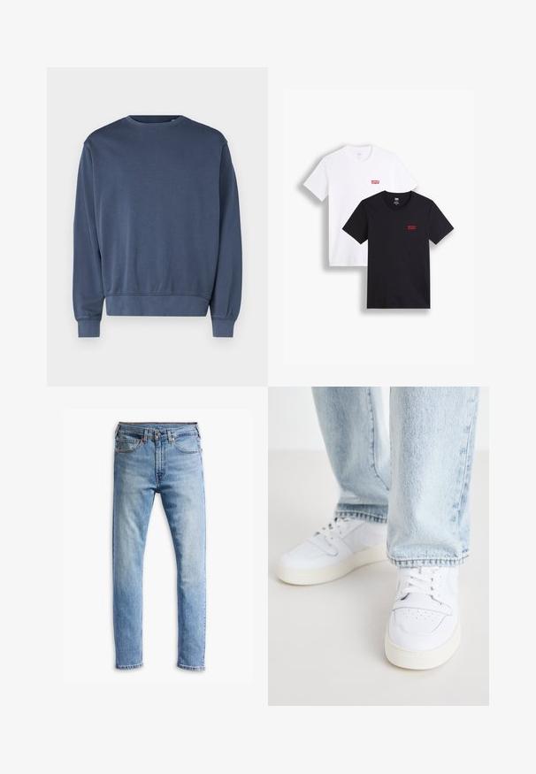 Dunkelblaues Sweatshirt aus weichem Stoff, mit Rundhalsausschnitt, langen Ärmeln und gerippten Bündchen und Saum. Einfaches Design, ohne Muster oder Grafiken.; Zwei kurzärmlige T-Shirts: eines in Weiß und eines in Schwarz. Beide aus Baumwolle mit einem roten Levi's-Logo auf der Brust. Einfaches Rundhals-Design.; Hellblaue Jeans aus Denim mit geradem Schnitt, fünf Taschen, Knopfverschluss und subtiler Ausbleichung über den Stoff.; Weiße Leder-Low-Top-Sneaker mit perforierter Zehenpartie, flachen Schnürsenkeln und minimalistischem Design. Kombiniert mit hellblauen Jeans.