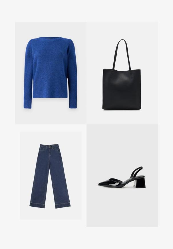 Kék kötött pulóver kerek nyakkal, hosszú ujjakra és puha textúrával. Kicsit laza fazonú, az ujjaknál bordázott mandzsettával rendelkezik.; Sötétkék denim széles lábú farmernadrág. Öt zsebbel, övhurkokkal és nyers szegéllyel az alján, amelyen látható varrási részletek találhatók.; Fekete lakk bőr szandálkés magas sarkú cipő, hegyes orral és geometrikus tömbsarkakkal. Karcsú, minimalista dizájn és sima textúra jellemzi.; Fekete bőrtáska sima felszínnel, téglalap alakú, két hosszú füllel. Nincs látható fémkiegészítő vagy díszítés.