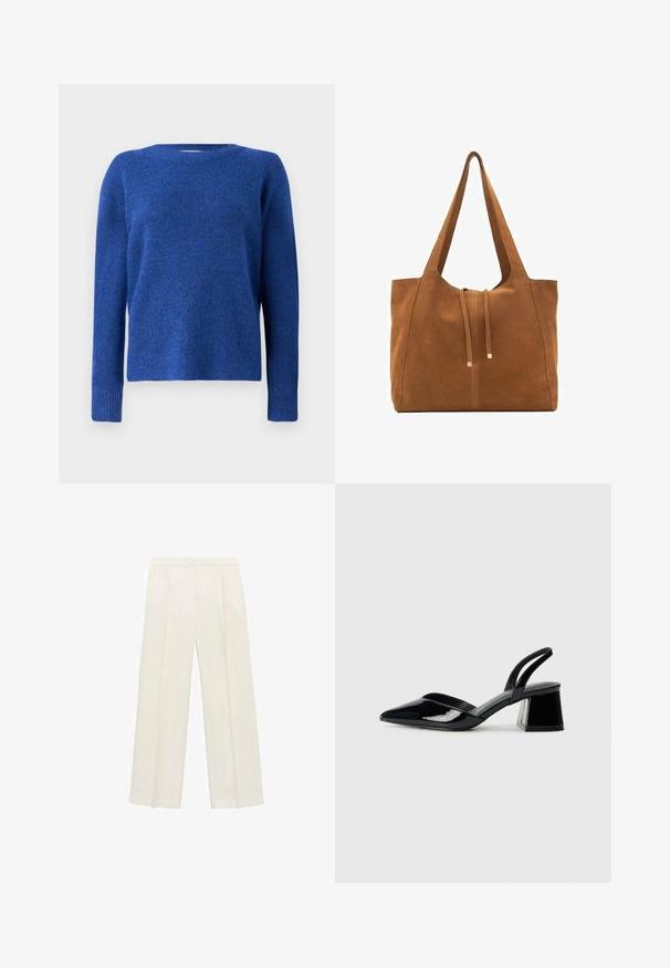 Modra pletena pulover s okroglim ovratnikom, dolgimi rokavi in mehkobo. Ima nekoliko ohlapen kroj in rebraste manšete na rokavih.; Hlače širokih nogavic v svetli kremni barvi. Narejene iz gladkega materiala s plitkimi naborki spredaj in stranskimi žepi.; Črne lakirane slingback pete s koničastim nosom in geometrijsko blokasto peto. Imajo eleganten, minimalističen dizajn in gladko teksturo.; Rjava semiš torba z dvema dolgima ročajema, z vrvico za zapiranje in minimalističnim dizajnom. Gladka tekstura in brez vidnih kovinskih dodatkov.