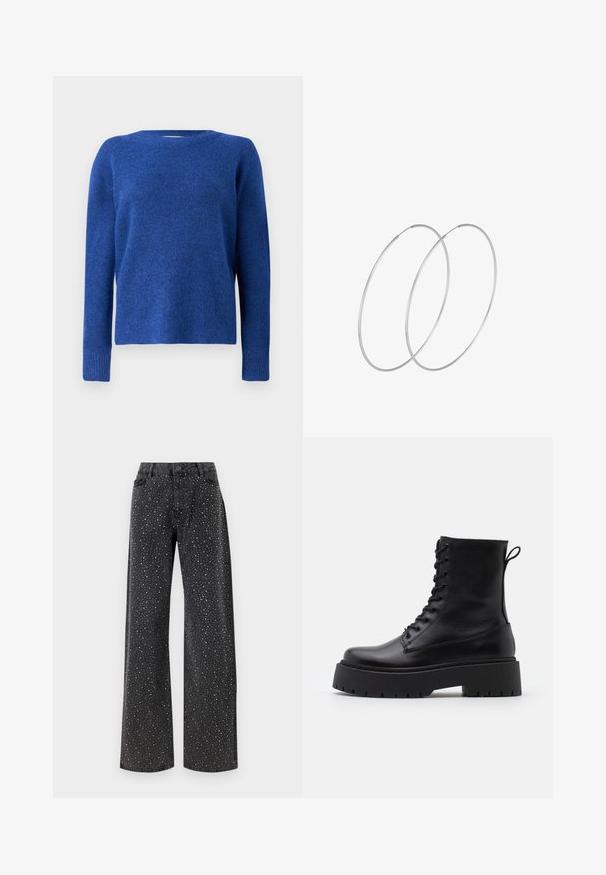 Blå stickad tröja med rund hals, långa ärmar och en mjuk textur. Har en något lös passform och ribbade muddarna vid ärmarna.; Noisy May NMJANNEL LOOSE - Jeans relaxed fit - black denim; Svarta läderankelboots med rund tå, snörning framtill och en tjock gummisula med strukturerat mönster. Dragflik bak.; Silverfärgade hoopörhängen med en minimalistisk design. Cirkulär form, slät yta och tunn profil. Lätta med en polerad finish.