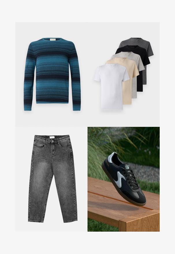 Sweater de manga longa listrado em azul e azul-marinho com decote redondo, tecido texturizado e padrões de malha detalhados por todo o material.; Conjunto de cinco t-shirts de manga curta nas cores branco, bege, cinza claro, cinza escuro e preto. Feitas de algodão suave, com design de gola redonda.; Jean straight-leg preto deslavado com bolsos frontais e traseiros, passantes para cinto e fecho de botão na cintura.; Sapatilha atlética em preto e branco com parte superior em couro liso, sola texturizada e detalhes em contraste. Apresenta um logotipo na lateral e atacadores.