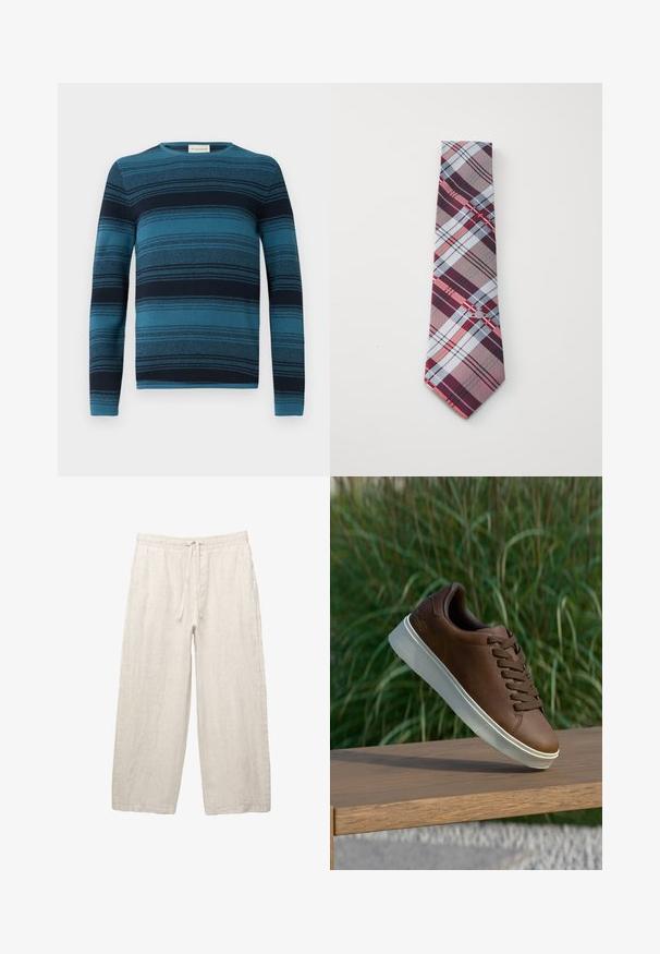 Pulover lung cu maneca lunga, alternativ albastru si bleumarin, cu decolteu rotund, material texturat si modele lucrate in detaliu pe tot trupul.; Pantaloni din in de culoare bej deschis, cu un brâu elastic și șnur, cu un design cu picioare largi și buzunare laterale. Textură netedă.; Tenis din piele maro cu talpă din cauciuc alb, vârf rotund și șireturi maronii. Textură de aderență pe talpă și finisaj neted pe partea superioară.; Cravat în carouri cu un model de dungi burgundii, gri, albastre și roșii. Confecționată dintr-un material fin, cu un vârf ascuțit.