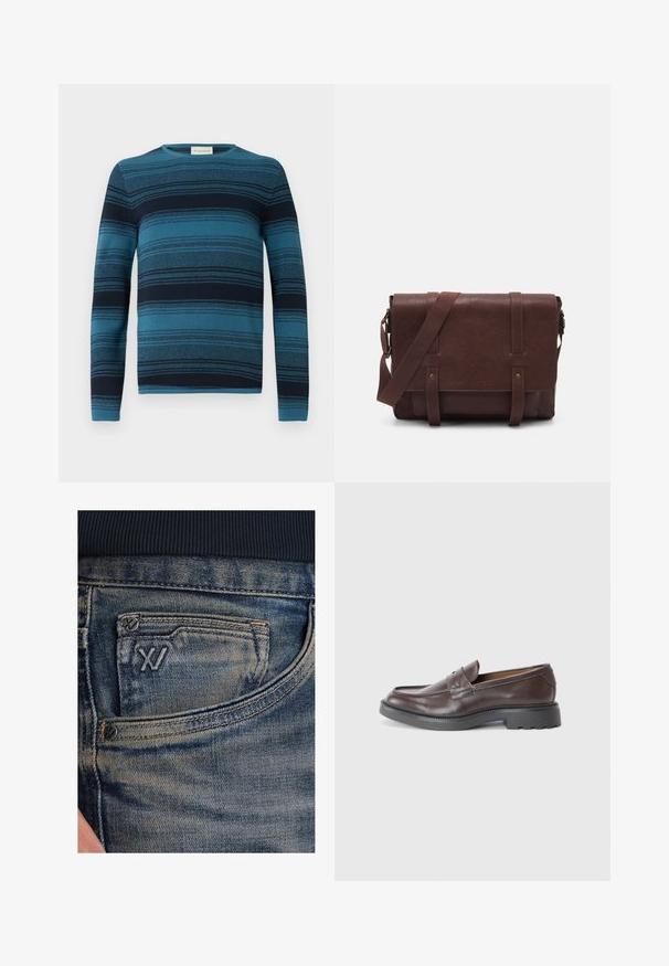 Blå og marineblå stribede langærmede sweater med rund hals, tekstureret stof og detaljerede strikkemønstre overalt.; Blå denimjeans med en falmet tekstur, med en møntlomme og en sort logodetalje foran. Taljebåndet er af mørk marineblåt ribstrikket stof.; Brune læder loafers med en glat overflade, rund tå, minimal syning og en tykk sort gummisål. Ingen synlig hardware eller accenter.; Brun læder buddeltaske med en flad frontklap, to remme, guld hardware detaljer og en justerbar skulderrem.