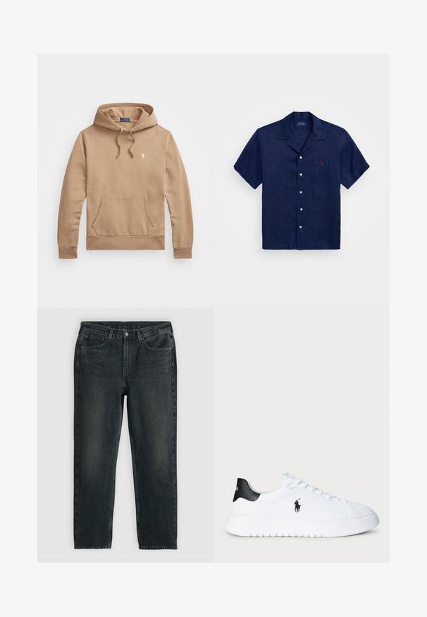 Sweatshirt capuz castanho feito de tecido suave, apresentando um bolso canguru na frente e um pequeno logótipo no peito. O tecido tem uma textura lisa.; Camisa de manga curta azul-escura feita de linho, com fecho de botão à frente, colarinho pontiagudo, um bolso no peito e um logótipo vermelho no bolso.; Jeans de denim azul-escuro com corte reto, apresentando cinco bolsos, fecho de zip e costura em contraste. Desgaste sutil no tecido.; Sapatilhas brancas de cano baixo com tabuleiro de calcanhar preto e logótipo da Polo Ralph Lauren em preto na lateral, apresentando atacadores brancos e sola de borracha grossa.