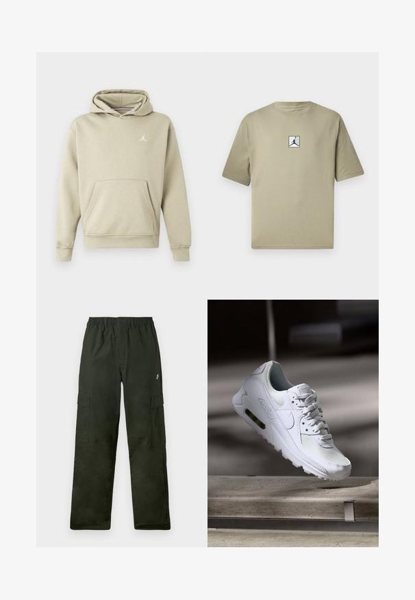 Kapuzensweatshirt aus leichtem beigen Baumwollmix, mit einer Vordertasche und einem weißen Jordan-Logo auf der Brust. Weiche Textur, normale Passform.; Khakifarbene Baumwoll-T-Shirt mit kurzen Ärmeln, das auf der Vorderseite ein kleines schwarzes Jordan-Logo in einem weißen Quadrat zeigt. Einfaches Design und lockere Passform.; Cargo-Hosen aus dunkelgrünem Stoff mit elastischem Bund, ausgestattet mit zwei seitlichen Taschen und einem kleinen Logo auf der Vorderseite.; Weiße Nike Air Max 90 Sneaker mit einem Obermaterial aus Mesh und Leder, durchlässigem Zehenbereich und einer sichtbaren Air-Einheit in der Ferse.