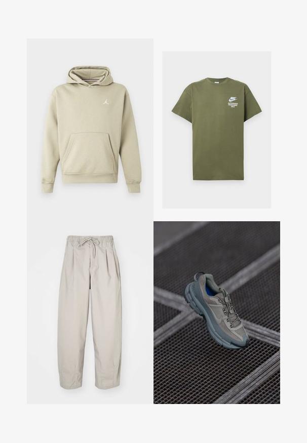Sweatshirt à capuche en mélange de coton beige clair, présentant une poche avant et un logo Jordan blanc sur la poitrine. Texture douce, coupe standard.; T-shirt en coton vert olive à manches courtes, col rond, avec du texte imprimé blanc : "PERSONNEL AUTORISÉ NIKE UNIQUEMENT" sur le devant.; Pantalons beiges légers avec une taille élastique et un cordon de serrage. Caractéristiques : plis et coupe décontractée, fabriqués à partir d'un tissu doux et lisse.; Chaussure de sport beige et grise avec une tige en maille texturée, un bout arrondi et une semelle en caoutchouc, comportant des lacets et un col rembourré.
