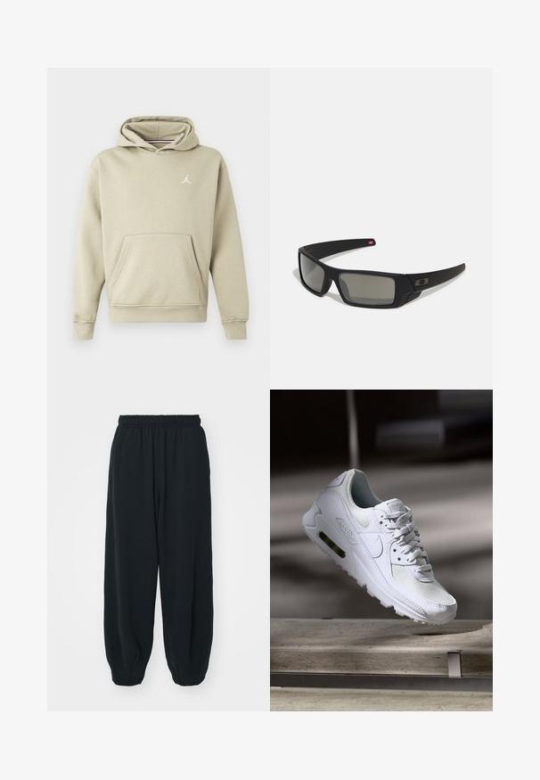 Világos bézs színű, kapucnis pulóver pamut keverékből, elülső zsebbel és fehér Jordan logóval a mellkason. Puha tapintású, normál szabású.; Fekete, rugalmas derékpántos melegítőnadrág, laza fit, véget érő szárakkal, sima textúrával, látható minták vagy hardver díszek nélkül.; Fehér Nike Air Max 90 sneaker, amely hálós és bőr felsőrésszel, perforált orr-résszel és látható légpárnás egységgel rendelkezik a saroknál.; Fekete napszemüveg matt felülettel, téglalap alakú lencsékkel, enyhe ívvel a templomokon, diszkrét logó részlettel és füstszínű lencsékkel.