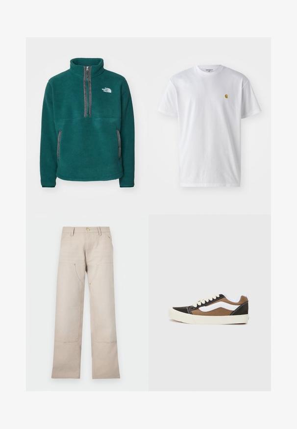 Türkise flanellist pullover kõrge kraega, pool-öeldu esiosaga, kahe küljetaskuga ja kontrastsete mustade õmblustega. Logo vasakul rinnaku piirkonnas.; Valge puuvillane t-särk lühikeste varrukatega, ümmargune kaelus, millel on väike kuldne logo vasakul rinnal. Pehme tekstuur ja regulaarne lõike.; Beige puuvillased püksid otse lõikega, millel on kaks esikäe taskut ja kaks lukuga dekoratsiooni. Kuldse tooni detailid.; Mustmust mustad mustade ja pruunide tossude sissevienud valged aktsendid, kanvasmaterjal, madal disain, ümmargune nina ja beež kummitald. Omab kontrastset õmblust.