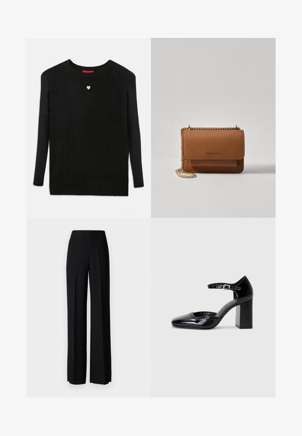 Mustmust mustripa, pikad varrukad, ümmargune kaelus ja rinnal väike valge süda. Pehme tekstuur ja soonikkoes varrukate otsad ja äär.; Mustad laiad püksid mustas värvitoonis, sujuva tekstuuri ja kõrge vöökoha ning keskmiste voldikutega. Ilma nähtavate mustrite või tarvikute detailideta.; Mustad lakknahk kingad kõrge kontsaga, ruudukujulise varbaga, pahkluu rihmaga ja paksu kontsaga. Sisaldab perforatsioonidega detaile ääres.; Pruun tekstureeritud nahk ristkeha kott kuldse ahelaga rihmaga ja klapiga sulgemine. Esiküljel on logo detail ja tasku klapi all.