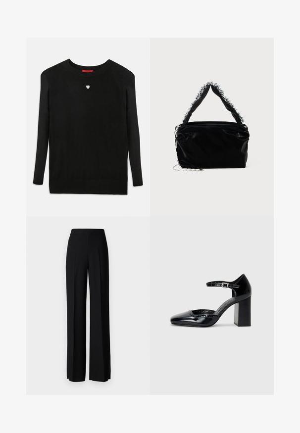 Juodas megztinis su ilgomis rankovėmis, apvaliu kaklu ir maža balta širdimi ant krūtinės. Minkšta tekstūra ir riešo bei apvadų raštas.; Juodi platūs kelnių kelnės su lygiu paviršiumi, turinčios aukštą liemenį ir centrinės raukšlės. Nėra matomų raštų ar metalinių detalių.; Juodos lakuotos aukštakulnės bateliai su kvadratine nosimi, kulkšnies dirželiu ir masyviu kulnu. Apima perforuotus detalizavimus aplink kraštą.; Juodas dirbtinės odos rankinė su tekstūruotu paviršiumi, su sidabriniu karoliukų akcentu viršutinėje rankenoje ir grandinine juosta.