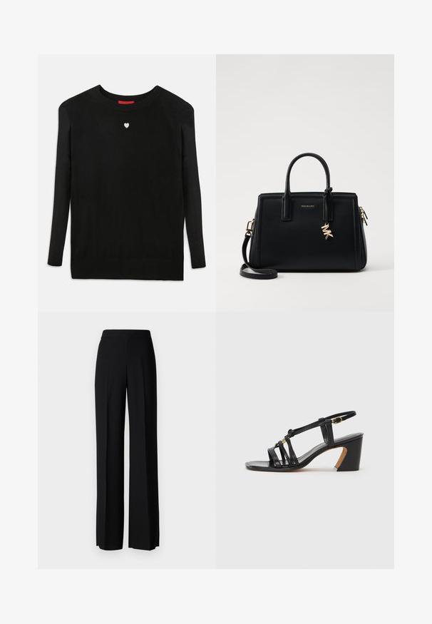 Mustmust mustripa, pikad varrukad, ümmargune kaelus ja rinnal väike valge süda. Pehme tekstuur ja soonikkoes varrukate otsad ja äär.; Mustad laiad püksid mustas värvitoonis, sujuva tekstuuri ja kõrge vöökoha ning keskmiste voldikutega. Ilma nähtavate mustrite või tarvikute detailideta.; Paul Smith AMIRA - Klassikalised kontsakingad - black; Musta nahast käekott struktureeritud disainiga, kahekordsete ülemiste käepidemetega, eemaldatav õlavööt, kuldne riistvara ja logotäht aktsent.