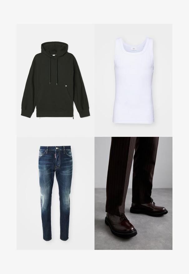 Felpa con cappuccio di colore verde scuro, con tasca frontale, cordini e dettaglio con zip all'orlo. Realizzata in un tessuto morbido e testurizzato.; Canottiera bianca in cotone senza maniche con scollatura rotonda, caratterizzata da una texture liscia e una vestibilità aderente, progettata per l'abbigliamento casual.; Jeans in denim blu scuro con una vestibilità slim, con zone sbiadite sulle cosce e sulle ginocchia, cinque tasche e chiusura con bottone metallico.; Scarpe stringate in pelle marrone con finitura lucida, suola in gomma nera e cuciture sottili. Indossate con pantaloni marroni a righe.