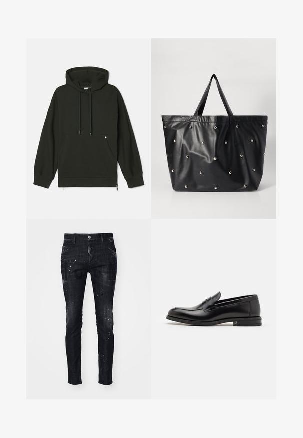 Kapuzensweatshirt in Dunkelgrün, mit einer Fronttasche, Zugbändern und einem Reißverschlussdetail am Saum. Hergestellt aus weichem, strukturiertem Stoff.; Weißes Baumwoll-Top ohne Ärmel mit rundem Ausschnitt, ausgestattet mit einer glatten Textur und einer figurbetonten Form, ideal für die Freizeit.; Schwarze Denim-Jeans mit schmaler Passform, versehen mit einem abgenutzten Finish, Spritzmuster und Fronttaschen. Markenkennzeichnung ist vorne sichtbar.; Schwarze Lederloafers mit glatter Textur, rundem Zehenbereich und einem dekorativen Riemen über dem Vorderfuß. Niedriger, gestapelter Absatz, minimalistisches Design.; Schwarze Tote-Tasche aus glattem Kunstmaterial, mit einer weichen Textur und gleichmäßig verteilten silbernen Dekostiften auf der Oberfläche.