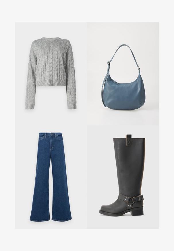 Maglione grigio crop con un motivo a trecce, scollatura rotonda, e polsini e orlo a costine. Realizzato in morbido materiale lavorato a maglia.; Jeans in denim blu a zampa d'elefante con vita alta, dotati di cinque tasche, chiusura con bottone e cuciture a contrasto sulle cuciture.; Stivale nero in pelle alta fino al ginocchio con finitura texturizzata, caratterizzato da un'accento a fibbia laterale e un tacco basso. Cuciture dettagliate lungo le cuciture.; Borsa in pelle blu dalla forma arrotondata, con una sola tracolla, chiusura con zip e nome del marchio in rilievo sulla parte anteriore. Texture liscia.