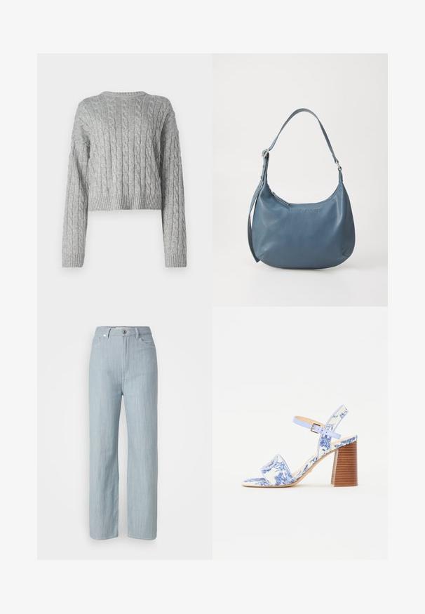 Grauer, kurzer Pullover mit einem Zopfmuster, Rundhalsausschnitt und gerippten Bündchen und Saum. Hergestellt aus weichem, strukturiertem Strickmaterial.; Helle blaue gerade geschnittene Jeans aus Denim. Verfügt über fünf Taschen, einen Metallknopfverschluss und dezente Waschungen für zusätzliche Textur.; Blaue sandaletten mit Blumenmuster, quadratischer Zehenpartie, breitem Riemen und verstellbarem Knöchelriemen, ausgestattet mit einem strukturierten Holzblockabsatz.; Blaue Lederhandtasche mit runder Form, einem Schulterriemen, Reißverschluss und eingeprägtem Markennamen auf der Vorderseite. Glatte Textur.
