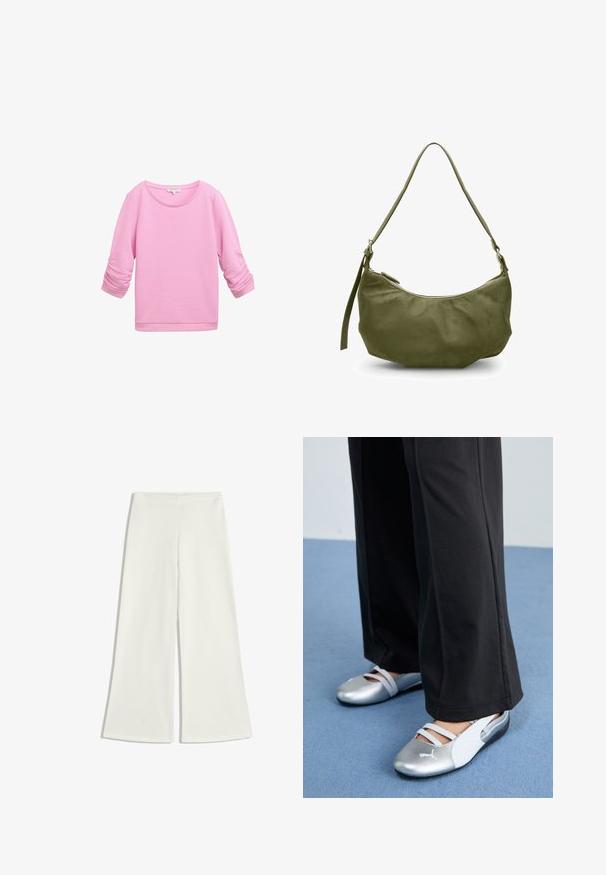 TOM TAILOR DENIM STRUCTURED - Sweatshirt - soft summer pink; Weiße, weit geschnittene Hosen aus glattem Stoff. Sie haben eine hohe Taille und keine sichtbaren Nähte, was eine klare Silhouette schafft.; Silberne und weiße flache Schuhe mit überkreuzten Riemen und strukturierten Details, ergänzt durch lockere schwarze Hosen. Vor einem blauen Boden.; Olivgrüne Leder Schultertasche mit geschwungener Form, Reißverschluss und verstellbarem Tragegurt. Glatte Textur mit minimalen Hardware-Akzenten.