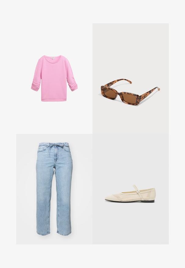 TOM TAILOR DENIM STRUCTURED - Sportska majica - soft summer pink; Svijetloplave traperice s opuštenim ravnim krojem, pet džepova i pojasom s petljama za remen. Ostarjeli izgled s suptilnim izbljeđivanjem.; Bež baletanke s izrezanim vrhom, mrežastim dizajnom preko i kopčom sa strane. Ravni potplat s glatkom teksturom.; Naočale u obliku tortoiseshella s pravokutnim smeškim lećama, debelim okvirom i tankim nogicama koje imaju uzorak od različitih nijansi smeđe boje.