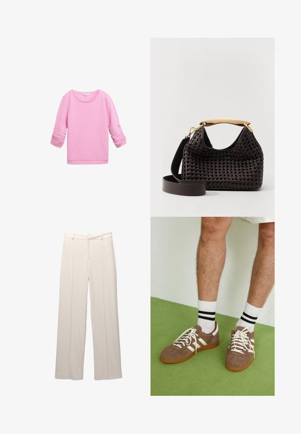 TOM TAILOR DENIM STRUCTURED - Felpa - soft summer pink; Pantaloni a gamba larga in tessuto beige chiaro con una texture liscia. Presentano una vita aderente, pieghe frontali e nessuna tasca visibile.; Sneaker in suede marrone con dettagli e lacci bianchi. Suola in gomma color gomma. Indossati con calzini bianchi con righe nere. Pavimento verde texturizzato.; Elleme BOOMERANG WOVEN - Borsa a mano - brown