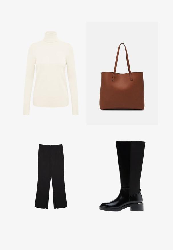 Kermakuorrutettu turtleneck-neulepusero, joka on valmistettu pehmeästä neuloksesta. Ominaisuuksina pitkät hihat sekä rytmittävät hihansuut ja helma.; Mustat housut suoralinjaisella leikkauksella, joissa on etutaskut ja sivurei'ät helman alla. Valmistettu pehmeästä ja sileästä kankaasta. Sopii eri tilaisuuksiin.; Musta polven korkeudelle ulottuva saapas, jossa on sileä nahkapinta, näkyvät saumat, mahtava korko ja teksturoitu takapaneeli lisäyksinä.; Ruskea nahkainen olkalaukku, jossa on sileä pinta, avoin yläosa ja kaksi olkahihnaa. Omaavat vain minimaalisen ompelun eikä näkyvää metalliosaa.