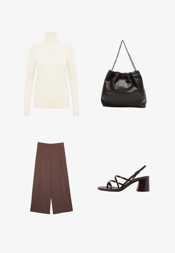 Kremast pulover s turtleneck ovratnikom, izdelan iz mehkega pletenega blaga. Ima dolge rokave ter rebraste manšete in rob.; Rjave široke hlače z gladko teksturo, ki imajo visok pas in sprednje naborke. Tkanina je lahka in prosto pada.; Rjave sandale na visoki peti s debelim petom, z gladko, sijajno površino in večkratnimi križnimi trakovi na zgornjem delu.; Rjava usnjena torba z nabranim vrhom in verižnim trakom. Gladka tekstura z sijajno površino in subtilnimi šivi na straneh.