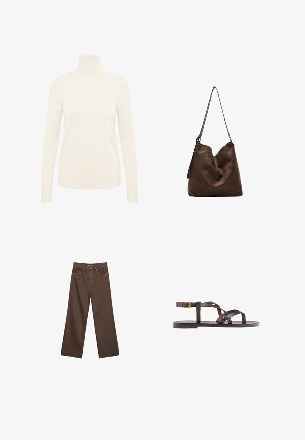 Cremfarbener Rollkragenpullover aus weichem Strickmaterial. Mit langen Ärmeln und gerippten Bündchen sowie Saum.; Weite braune Jeans aus Denim, mit hoher Taille, Fronttaschen und klassischem Knopfverschluss. Glatte Textur mit feinen Nähten.; Braune Leder-Sandale mit überkreuzten Riemen, einem Knöchelriemen mit Schnalle und einer flachen Sohle mit minimalen Nähdetails.; Braune Wildleder-Hobo-Tasche mit geschwungenem oberen Teil, einem langen Trageriemen mit Punktakzenten und einer weichen Textur. Verfügt über ein lässiges Design für den täglichen Gebrauch.