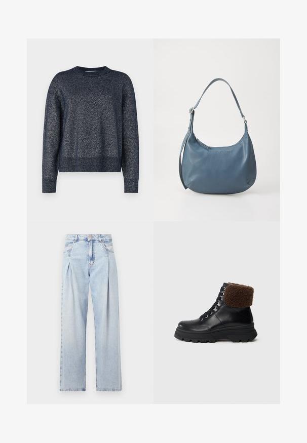 Námornícky pletený sveter s okrúhlym výstrihom, dlhými rukávmi a textúrovaným povrchom s jemnými kovovými vláknami po celom svete.; Svetlomodré džínsy s vysokým pásom, širším strihom po celej dĺžke, dvoma bočnými vreckami a skladaným dizajnom. Mäkka textúra s vyblednutým vzhľadom.; Čierne kožené šnurovacie čižmy s hrubou podrážkou a prehnutým hnedým ovčím kožuchom, zobrazené z boku na jednoduchom pozadí.; Modrá kožená kabelka s oblým tvarom, jedným ramenným popruhom, zipsovým uzatváraním a embosovaným názvom značky na prednej strane. Hladká textura.