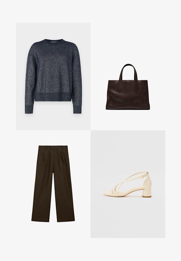 Maglione lavorato a maglia navy con scollatura tonda, maniche lunghe e una finitura testurizzata caratterizzata da sottili fili metallici intrecciati.; Pantaloni in lino marroni con vestibilità rilassata, caratterizzati da pinces frontali, una vita piatta e gambe larghe e dritte per una silhouette moderna.; Sandali con tacco beige a blocco, design con cinturini, e cinturino alla caviglia regolabile, realizzati in materiale sintetico liscio con finitura opaca.; Borsa a spalla in pelle marrone con due manici lunghi, forma rettangolare strutturata, texture liscia e dettagli di cucitura sottili.