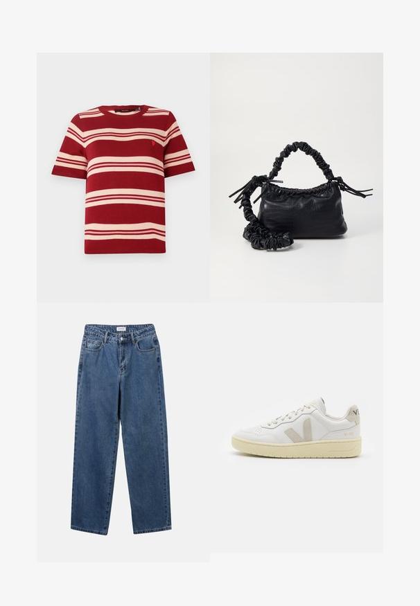 Rdeče črtast pulover s kratkimi rokavi s kremnimi vodoravnimi črtami in majhnim emblemom blizu prsnega področja. Rebrast krožni ovratnik in manšete.; Klasične modre jeans hlače s ravnim krojem, petimi žepi in gumbom za zapiranje. Imajo srednje pranje in trdno teksturo.; Bela usnjena tenisača z bež semiš poudarki, perforiranim prednjim delom, ravnimi vezalkami in strukturiranim kremnim podplatom. Ima diskretno blagovno znamko na peti.; Črna torbica iz umetnega usnja s krokodilovo teksturo, z zvitim vrhom in zmečkano naramico. Zdi se mehka in kompaktna v oblikovanju.