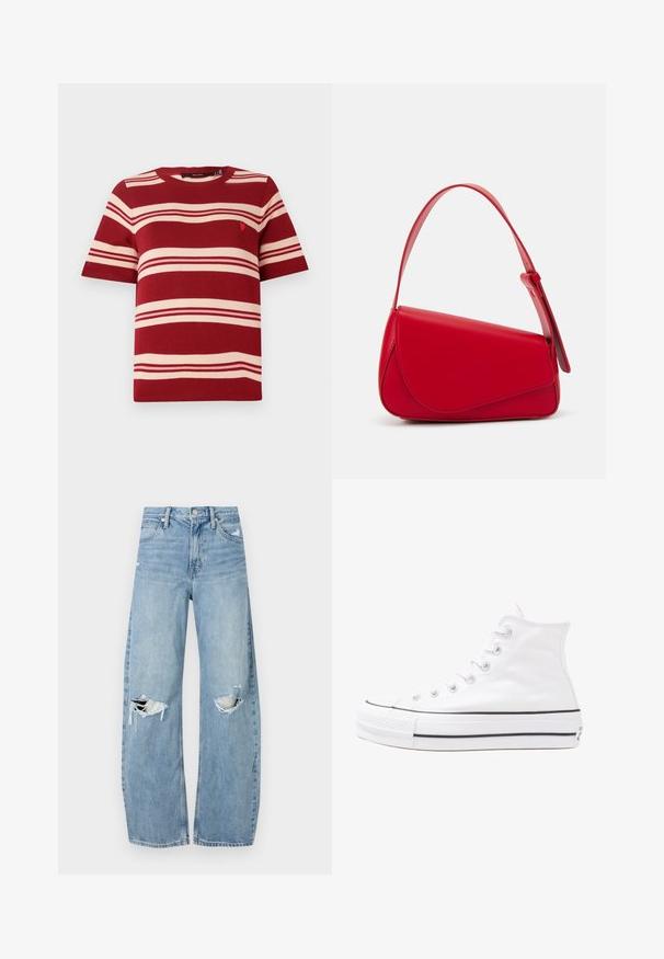 Piros csíkos, rövid ujjú pulóver krém színű vízszintes csíkokkal és egy kis emblémával a mellkas közelében. Bordás környak és mandzsetta.; Világoskék, magas derekú farmernadrág. Széles lábakkal, két szakadt térddel és klasszikus öt zsebes dizájnnal rendelkezik.; Fehér magaskorsó vászon sportcipő fekete gumi talppal, elülső gumi orrnyereggel és hat fűzőlyukkal, letisztult, minimalista dizájnnal.; Piros bőr kézitáska szögletes, geometrikus kialakítással. Egy állítható pánttal és varrott részletekkel ellátott fedélzárral rendelkezik.