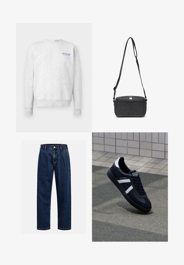 Siva majica s kapuco iz mehkega materiala, z okroglo ovratnico, dolgimi rokavi in modrim logotipom na levem prsnem delu. Lahka, sproščena prileganje.; Temno modri kavbojki iz denima s pravim krojem. Imajo vidno šivanje, zapenjanje na gumb in sprednje plitke za dodaten detajl.; Črne usnjene superge z belimi črtami, teksturiran gumijast podplat in zavezovanje spredaj. Imajo označeno oznako na ježku.; Črna usnjena torbica čez ramo z zadrgo, embosirano logotipom spredaj in nastavljivim pasom. Gladka površina z pravokotno obliko.