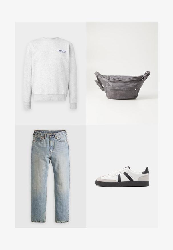 Šedá mikina vyrobená z jemného materiálu, s kulatým výstrihom, dlhými rukávmi a modrým logom na ľavej hrudi. Ľahká, voľná silueta.; Svetlomodré džínsy s vysokým pásom, predným gombíkom, zipsom a dizajnom s piatimi vreckami, rozložené na neutrálnom pozadí.; Biele tenisky s čiernymi a šedými akcentmi, s textúrovanou šedou špičkou, čiernou gumovou podrážkou a plochými bielymi šnúrkami. Čistý dizajn, minimalistický štýl.; Sivá semišová ľadvinka s okrúhlym tvarom, dvoma zipsovými priehradkami a nastaviteľným popruhom. Obsahuje kovové prvky.